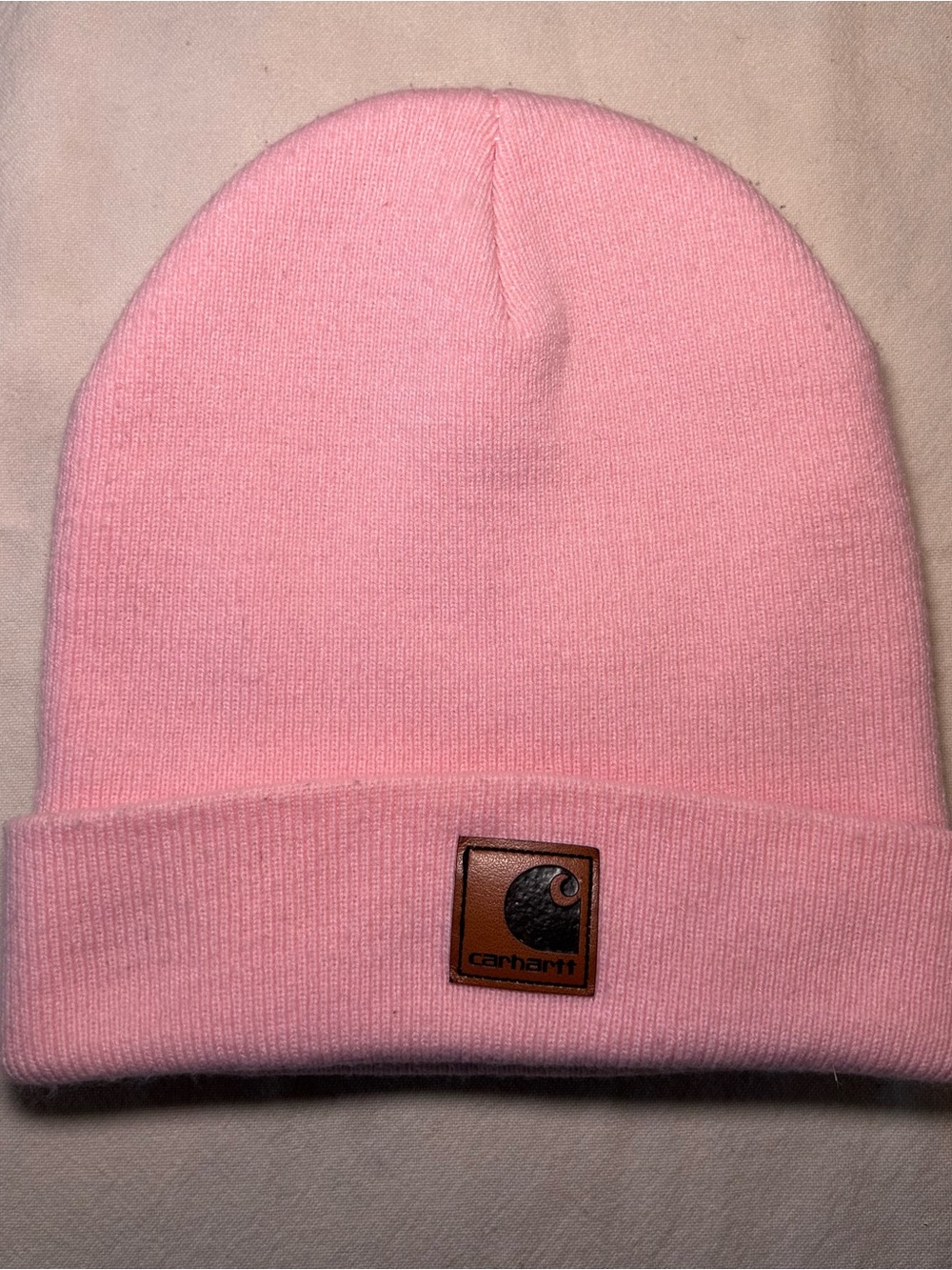 Carhartt Light Pink Cuffed Knit Beanie with Leather Patch
